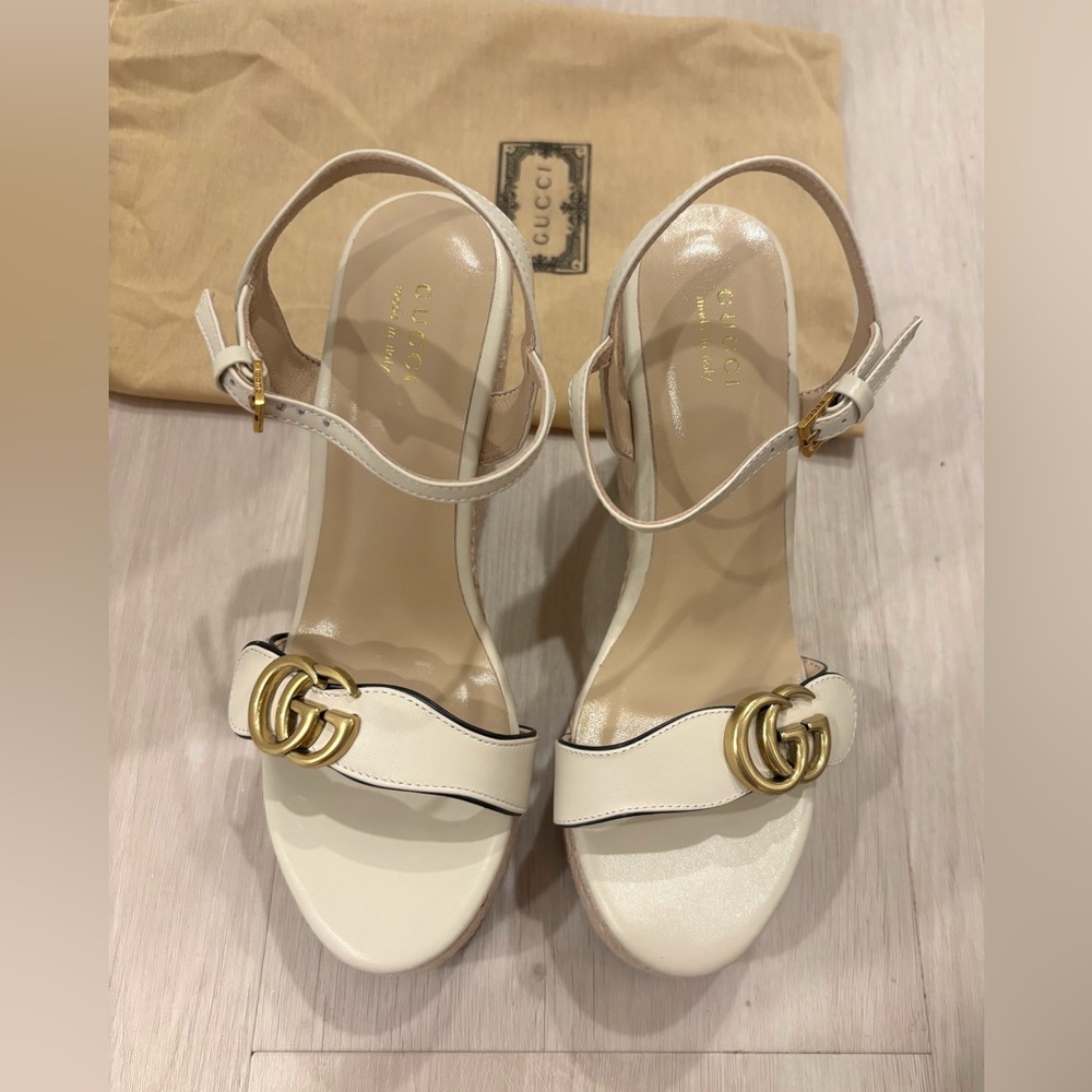 SOLD - Gucci White Aitana Sandal Espadrille with Gold GG Marmot Leather Wedge